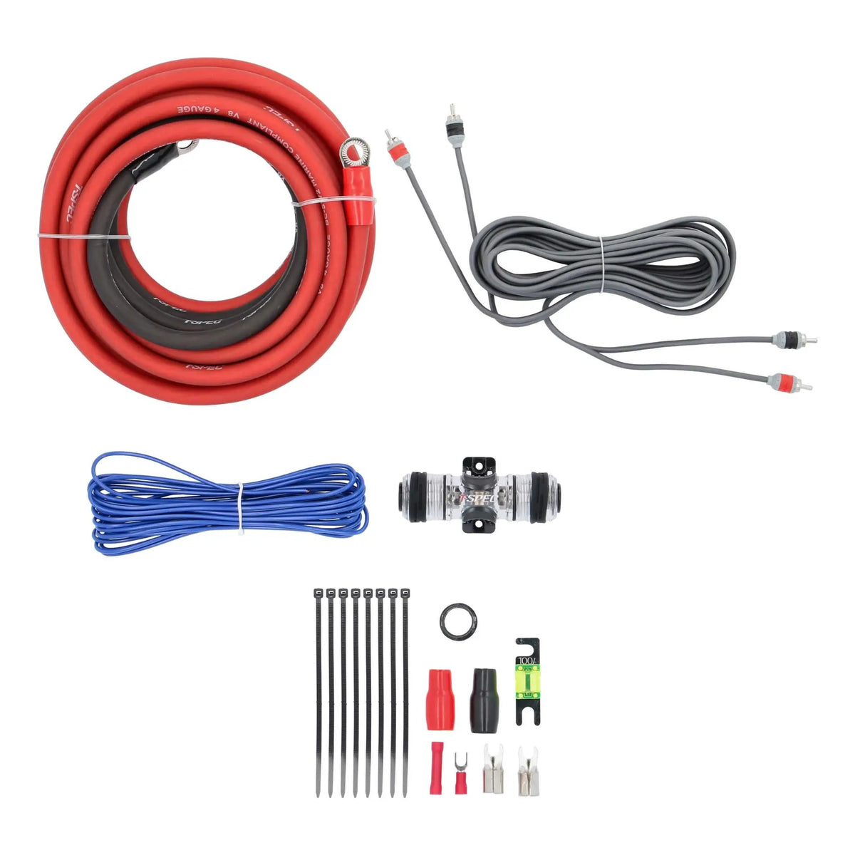 Amplifier wiring kit with red and black cables, RCA cable, clear fuse holder, connectors and cable ties