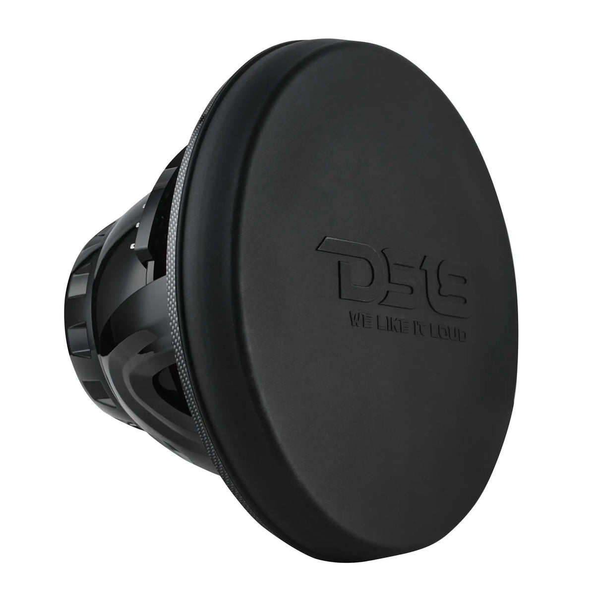 DS18 speaker with a black protective cover fitted over the front and its basket visible behind
