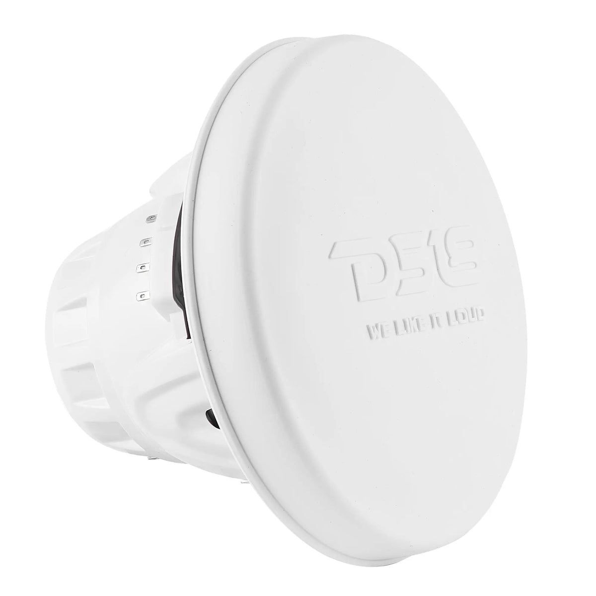 White DS18 speaker with embossed protective cover fitted, angled view