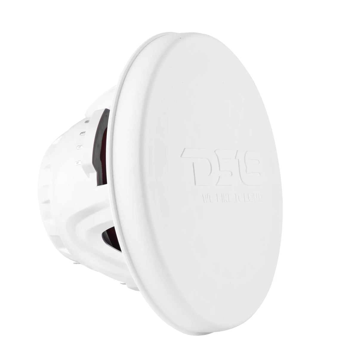 White DS18 speaker with its protective front cover fitted and basket visible behind