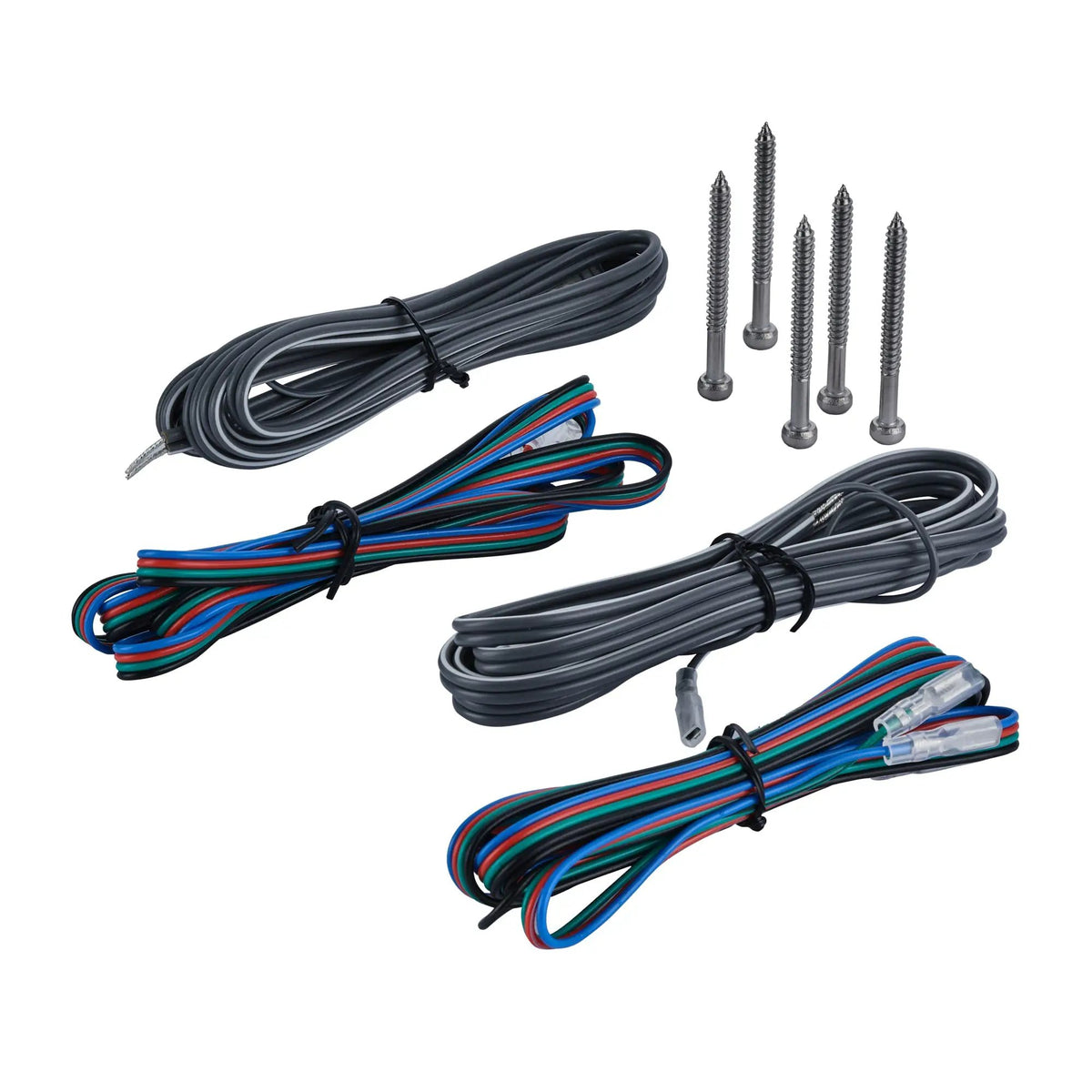 Coiled black and multicolor speaker leads with connectors and mounting screws