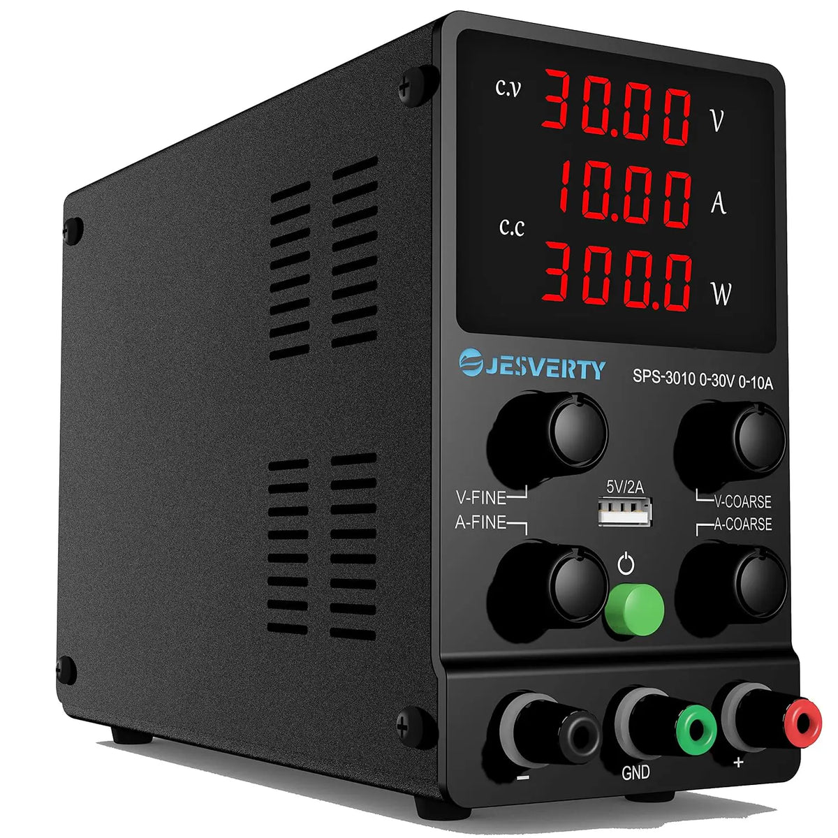 SPS-3010 0–30V 10A DC bench power supply with red LED display and coarse and fine controls