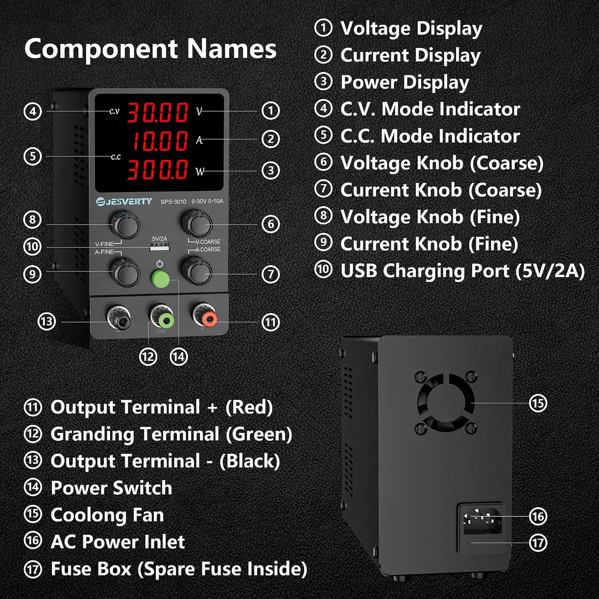 Front controls, USB-A port, output terminals and rear cooling fan on the SPS-3010 bench power supply