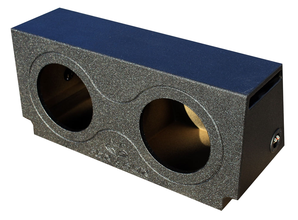 Black subwoofer enclosure with two round speaker openings, a side slot port and a terminal cup