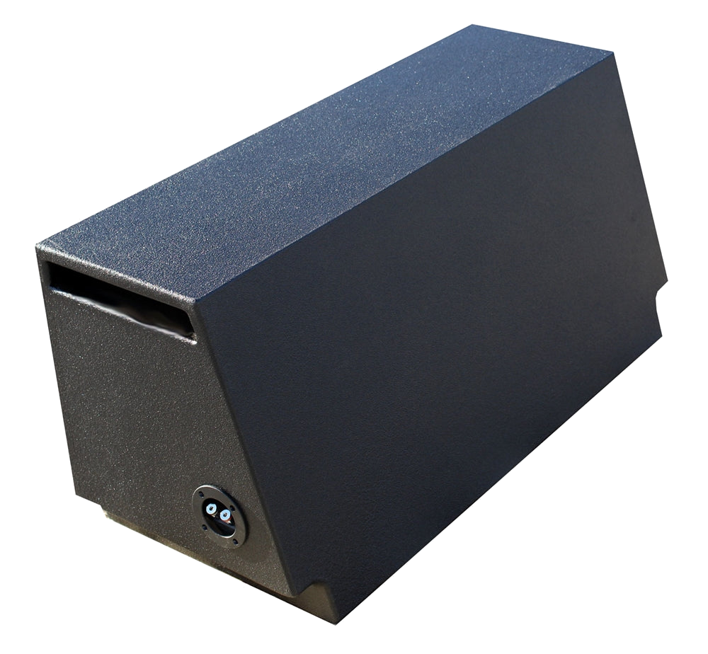 Rear and end view of a black Fox Box enclosure with a narrow slot port and terminal cup