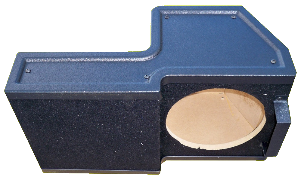 Angled view of a stepped black enclosure with one round speaker opening and a flat screwed-on panel