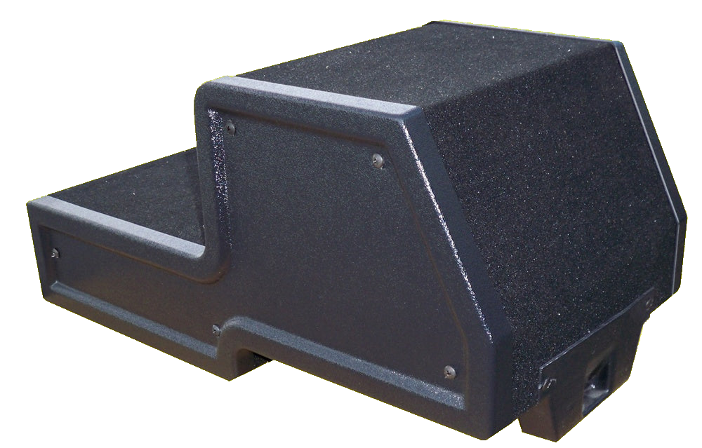 Black stepped subwoofer enclosure with a side terminal cup, angled rear view