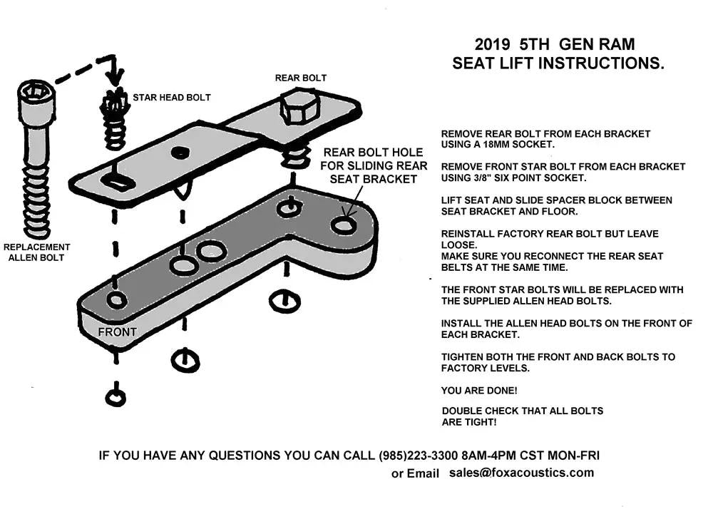 2019 fifth-generation Ram seat-lift diagram showing spacers between seat brackets and floor, reused rear bolts and replacement front Allen bolts