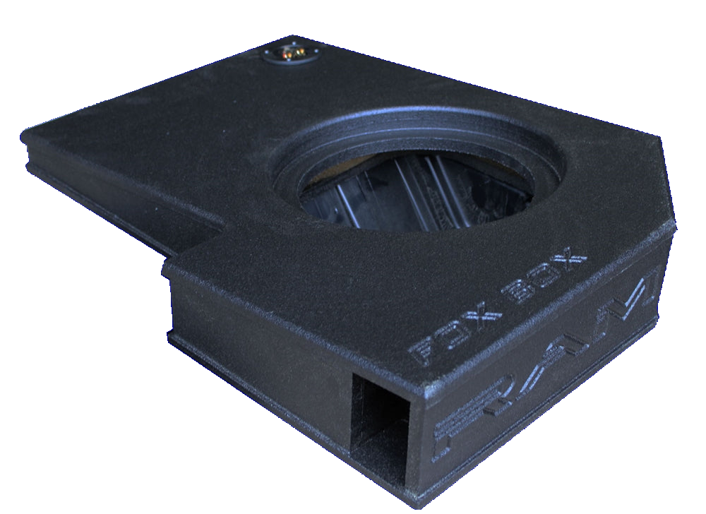 Angled FOX BOX enclosure with one speaker opening, a terminal cup and a rectangular side port