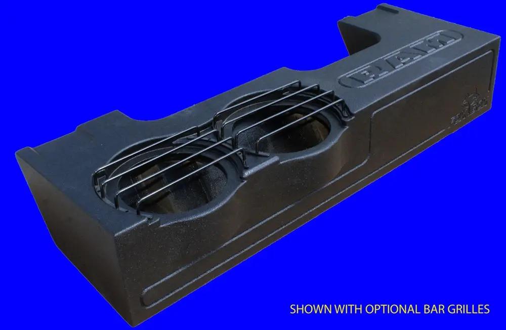 Dual-subwoofer FOX BOX enclosure shown with optional protective bar grilles over the speaker openings