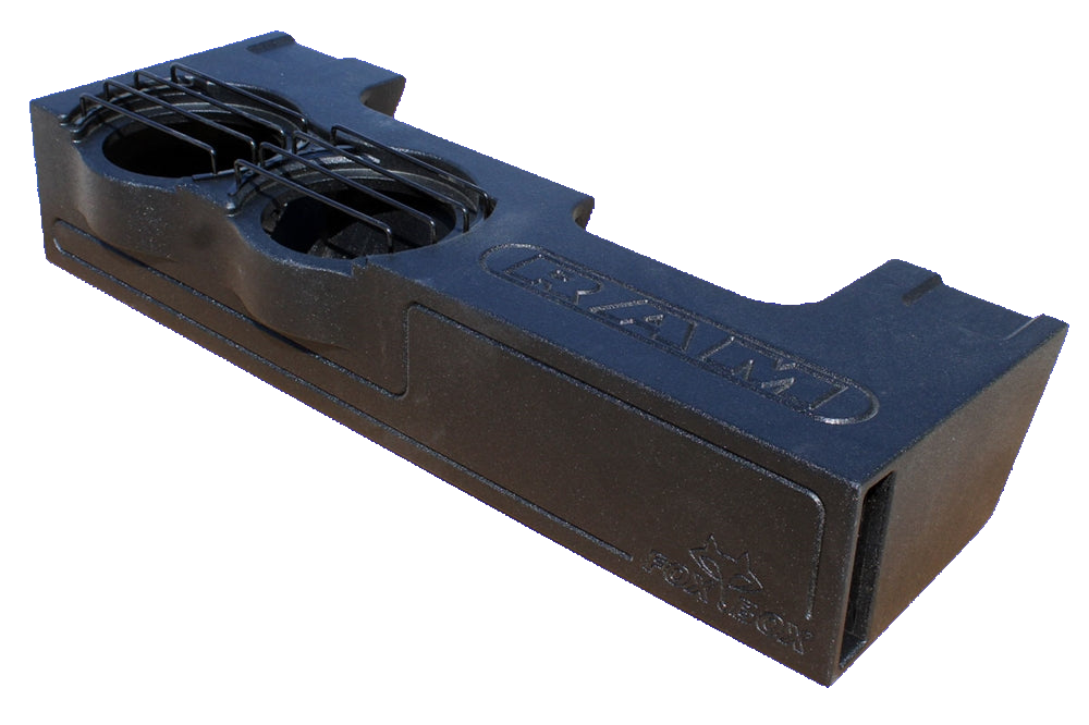 Stepped black RAM enclosure with two round speaker openings, protective bars and a rectangular end port