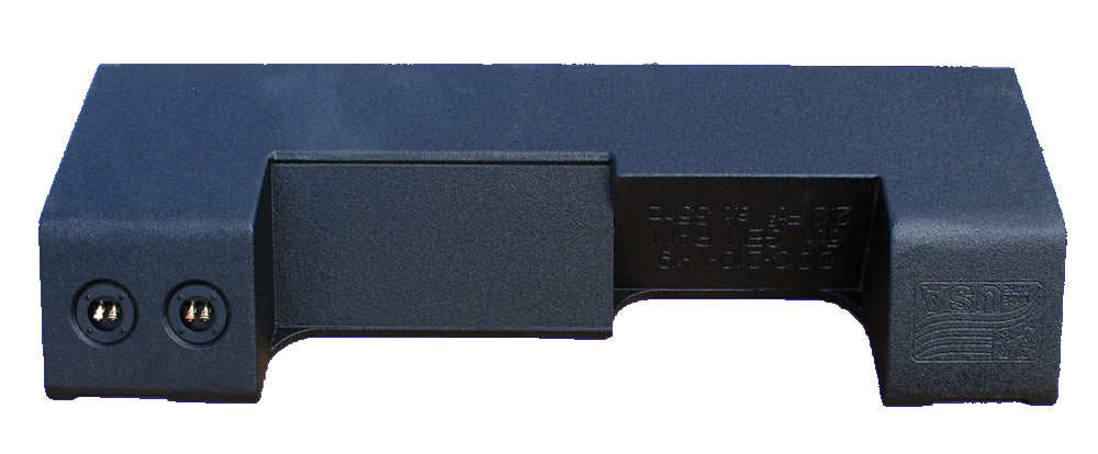 Rear view of a long black enclosure with two terminal cups and an embossed flag