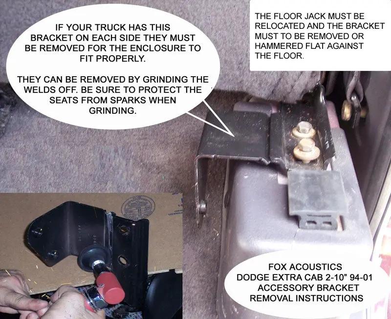 Fox Acoustics bracket-removal and floor-jack-relocation guide, with a warning to protect the seats from grinding sparks