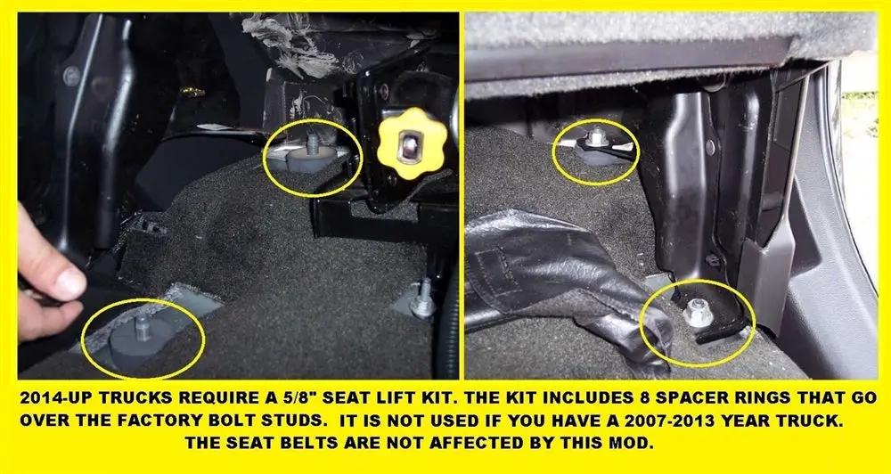 GM seat-lift guide: 2014-up trucks require eight 5/8-inch spacer rings over the factory seat studs; the spacers are not used for 2007–2013 trucks