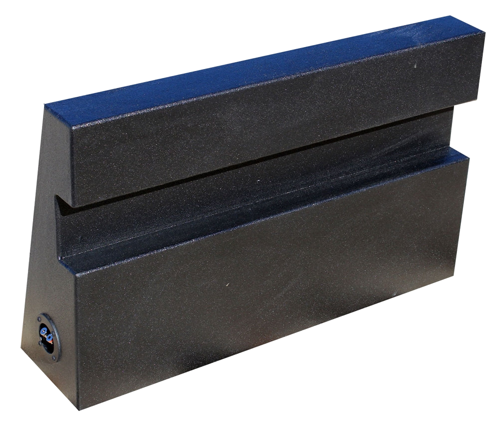 Black subwoofer enclosure with a stepped rear profile and side terminal cup