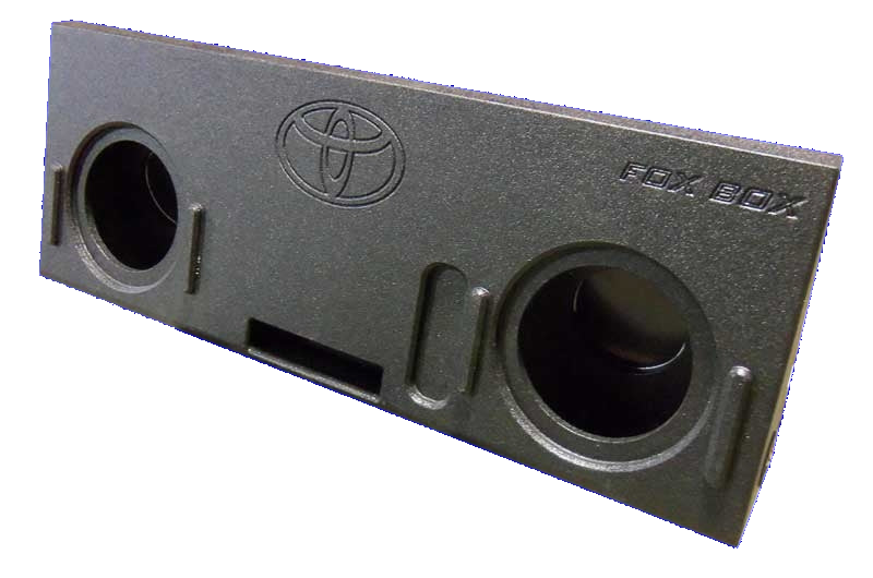 Fox Box enclosure with a Toyota emblem, two round speaker openings and a rectangular lower port