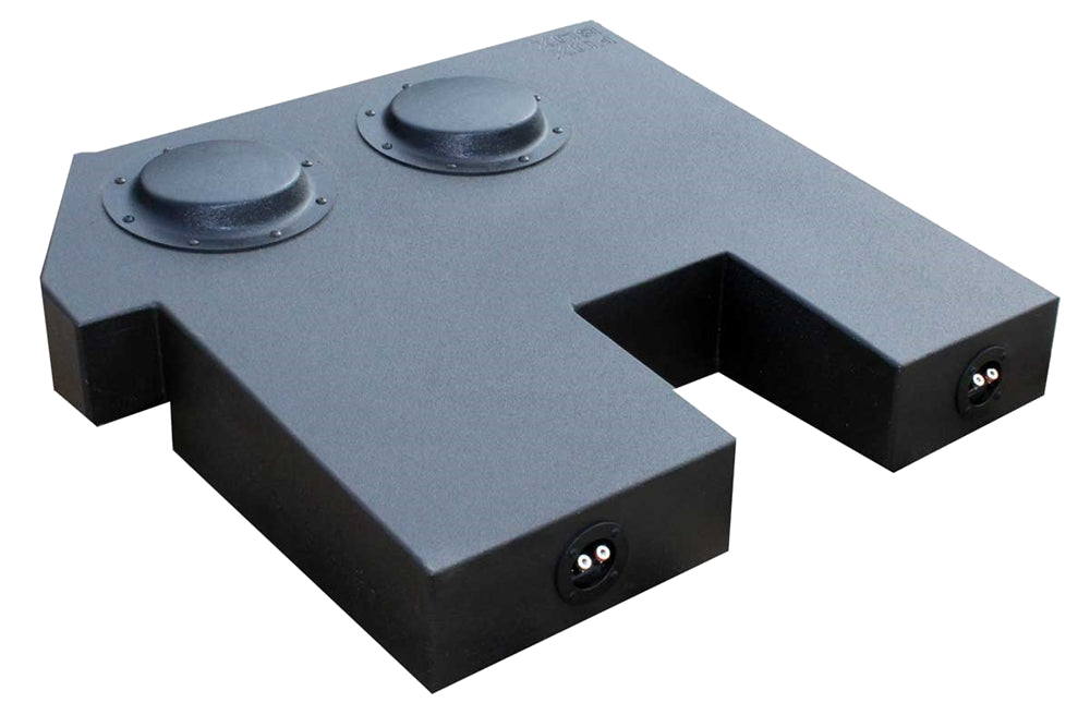 Reverse angle of a black subwoofer enclosure showing two raised circular sections, two terminal cups and a central notch