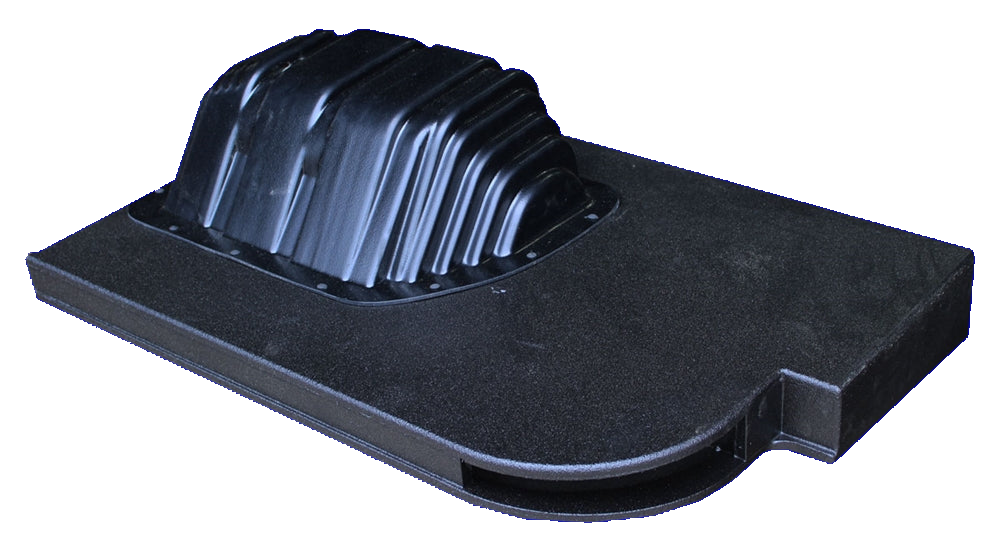 Black subwoofer enclosure with a molded underside, angled view