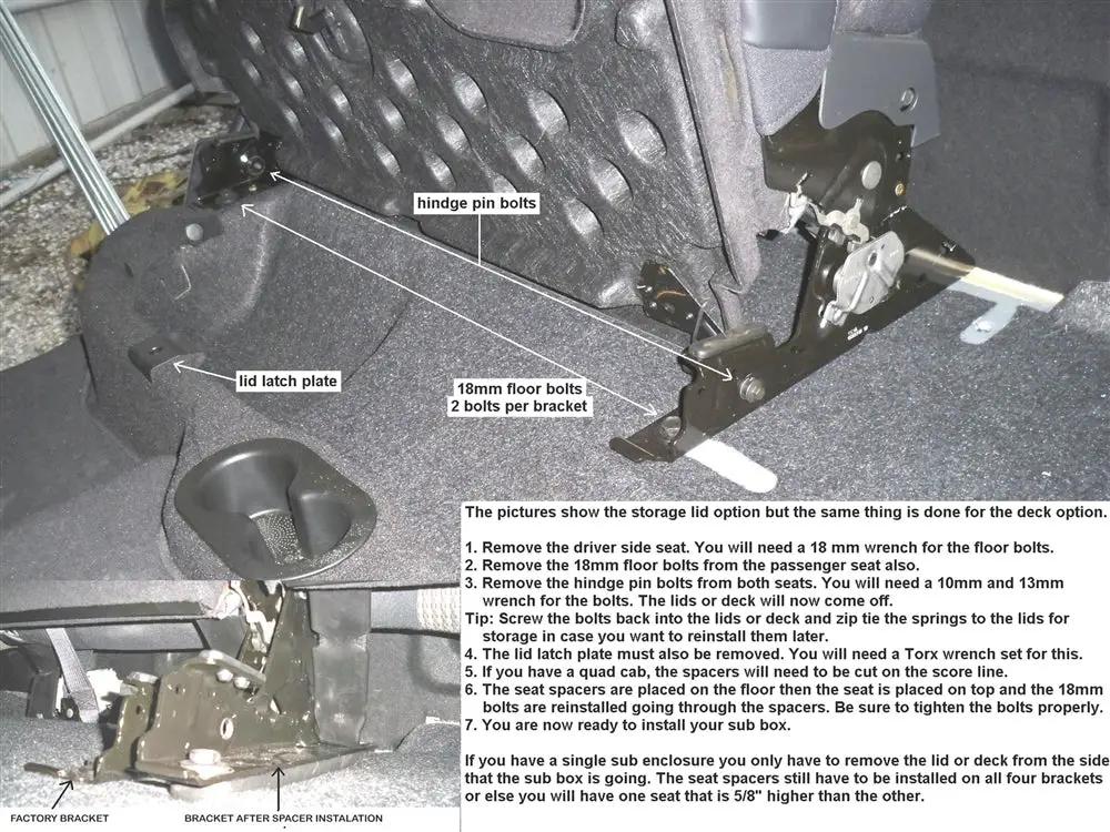 Ram subwoofer-enclosure installation guide: remove the lid or deck on the enclosure side and fit seat spacers at all four brackets to keep both seats level