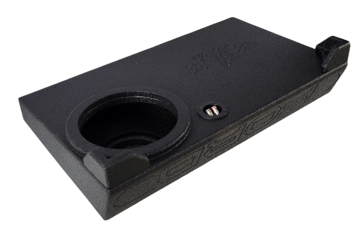 Angled underside view of a Fox Box enclosure with one recessed speaker opening and a terminal cup