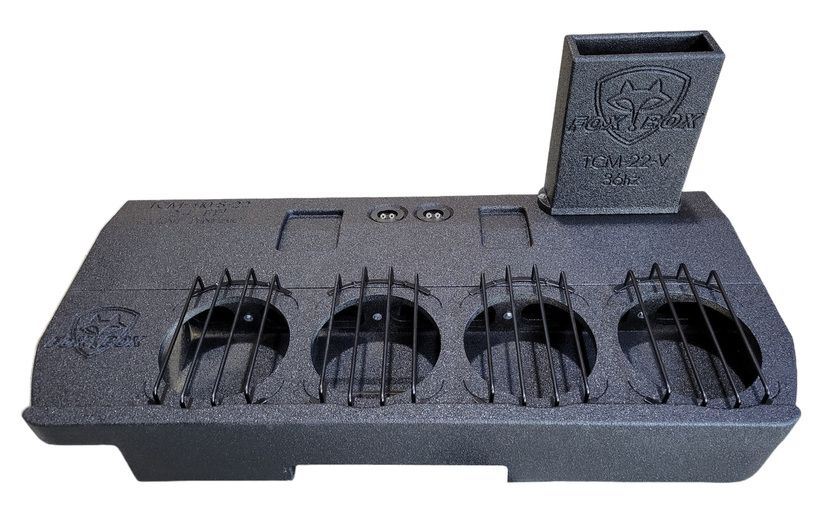 Fox Box enclosure with four barred speaker openings and a tall rectangular port extension
