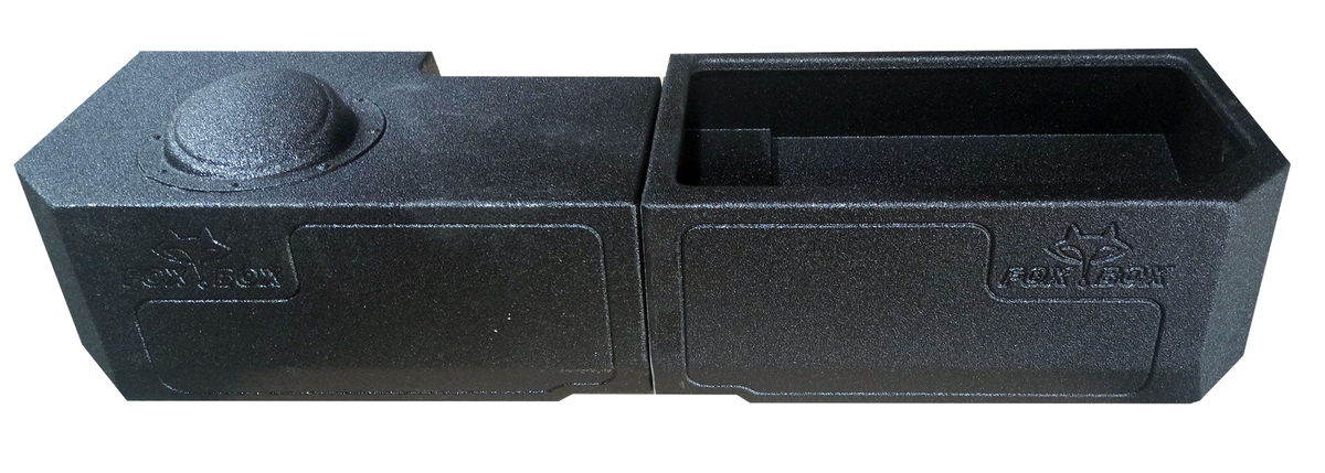 Black subwoofer enclosure with an open storage tray