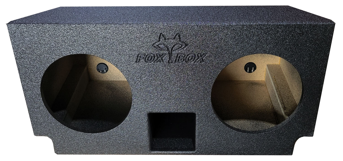 Front view of a Fox Box enclosure with two empty speaker openings and a square center port