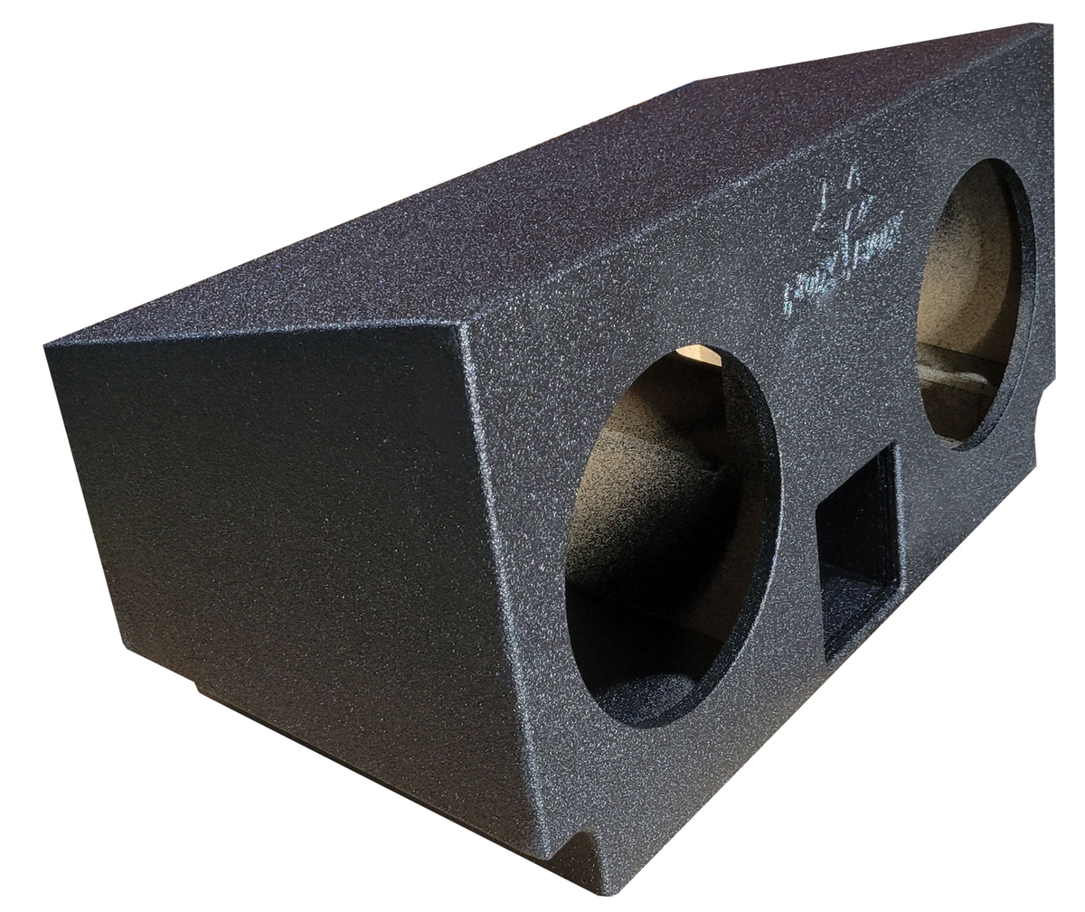 Black subwoofer enclosure with two round speaker openings and a central rectangular port, angled view