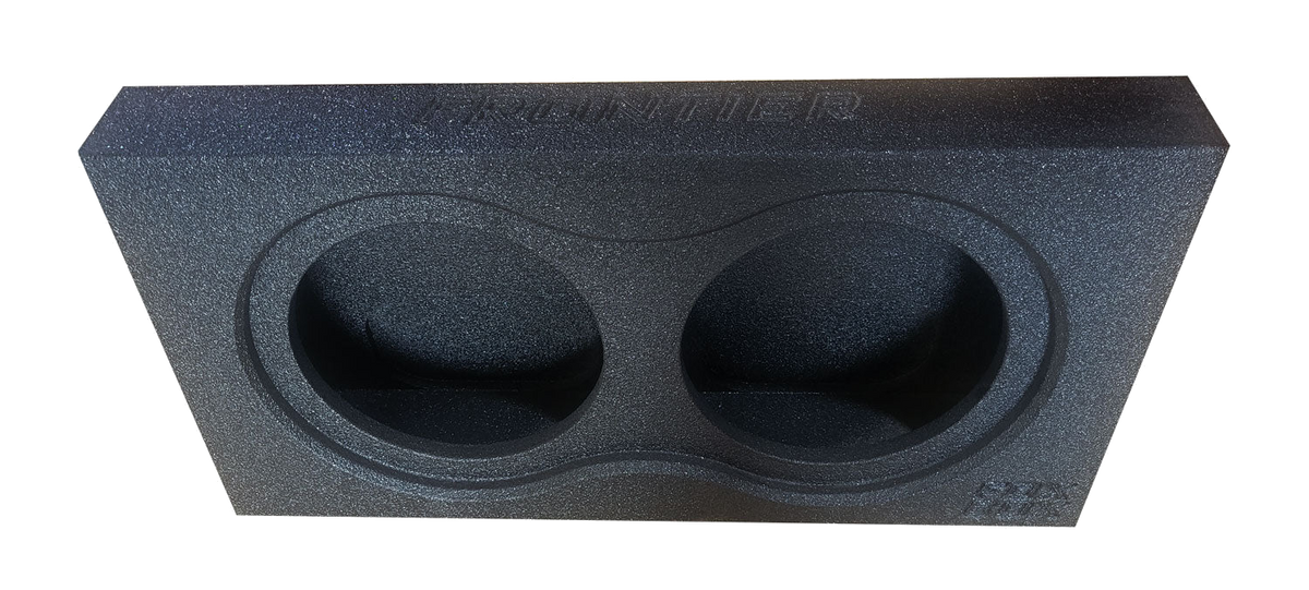 Black subwoofer enclosure with two round speaker openings, angled front view