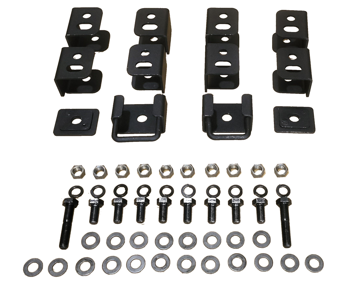 Seat-lift brackets, plates, bolts, nuts and washers arranged by component type