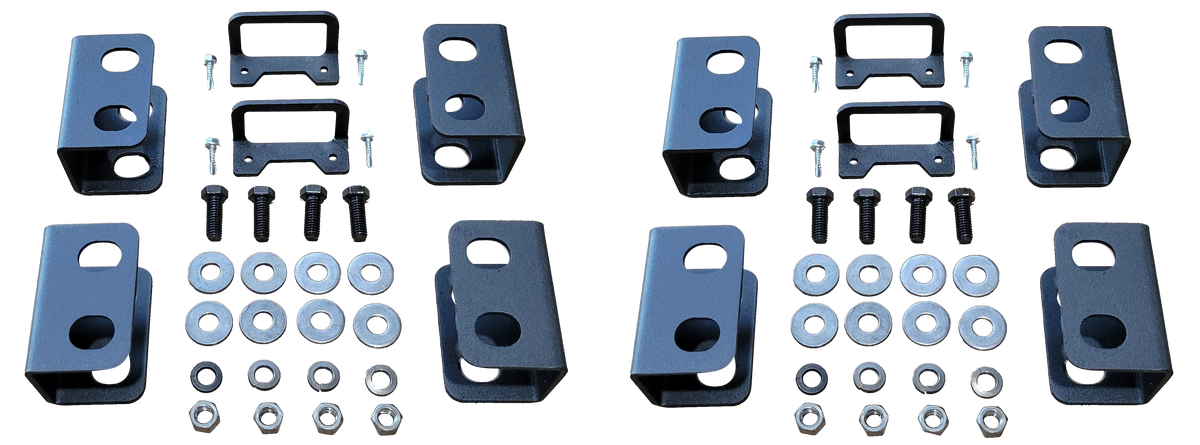 Two sets of black seat-lift brackets with bolts, washers and nuts arranged side by side
