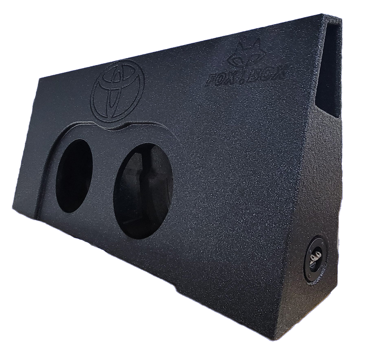 Wedge-shaped subwoofer enclosure with two speaker openings, a Toyota emblem and side port