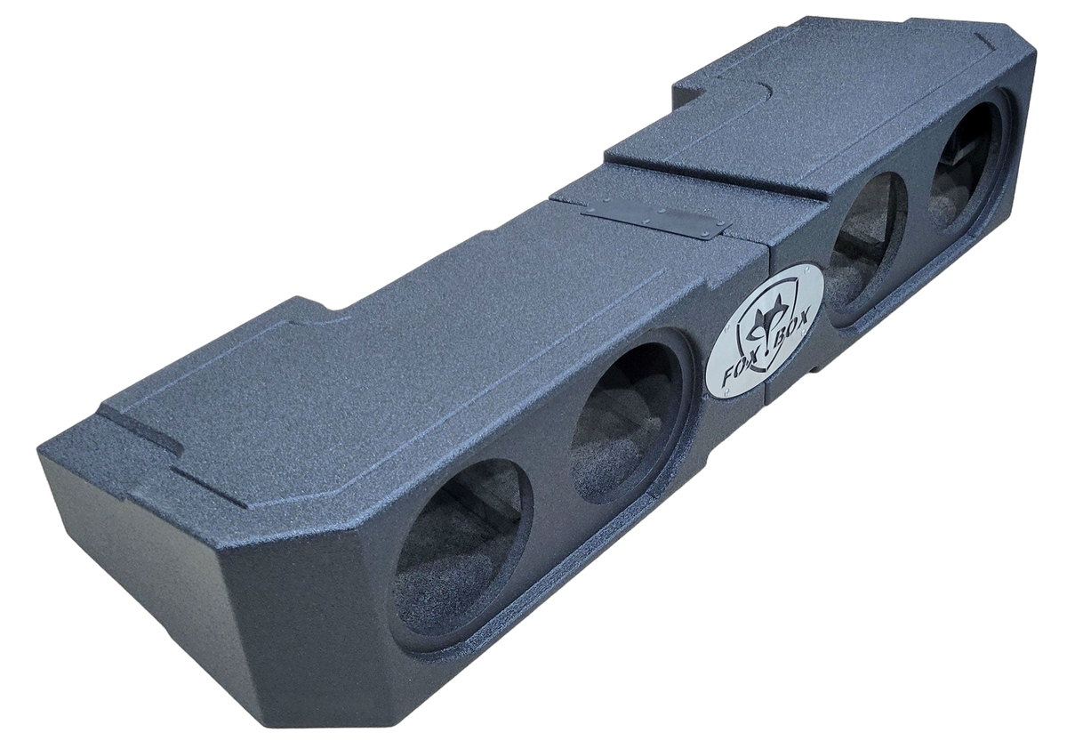 Angled view of a long black Fox Box enclosure with four round speaker openings