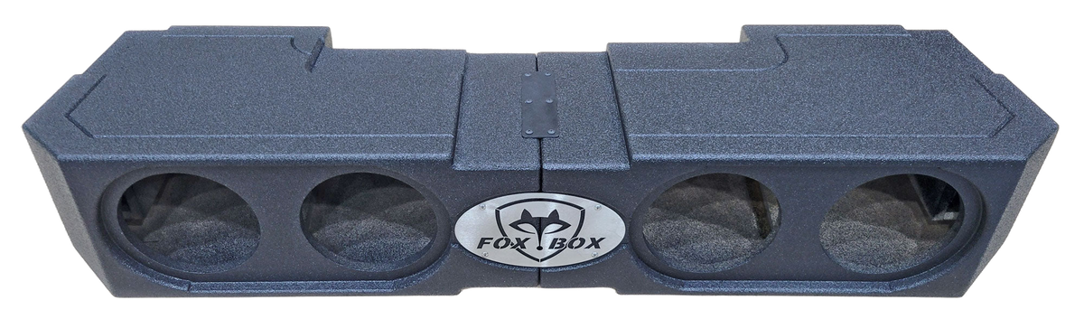 Front view of a FOX BOX enclosure with four open speaker cutouts and a central logo