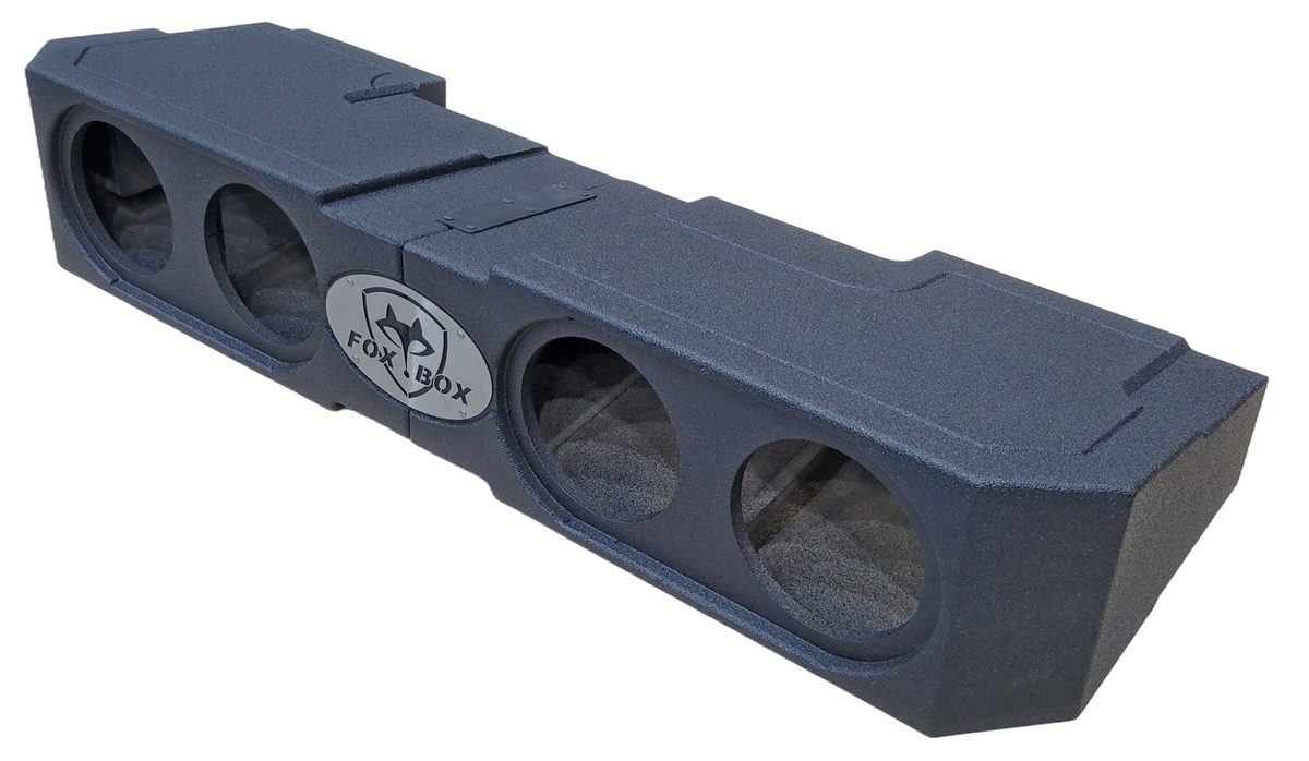 Angled view of a FOX BOX enclosure with four open speaker cutouts and a central logo