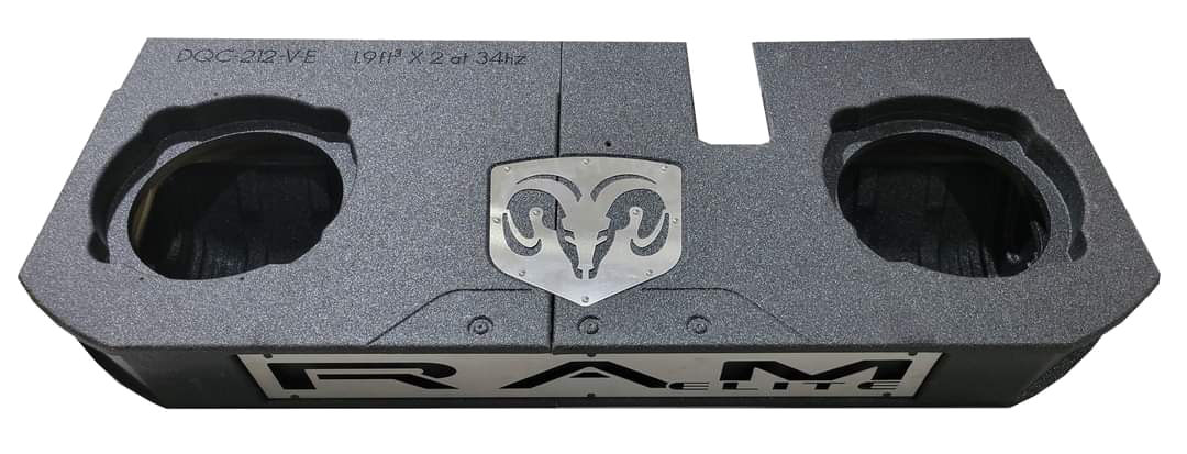 Black enclosure with two round speaker openings and a large RAM emblem on the front