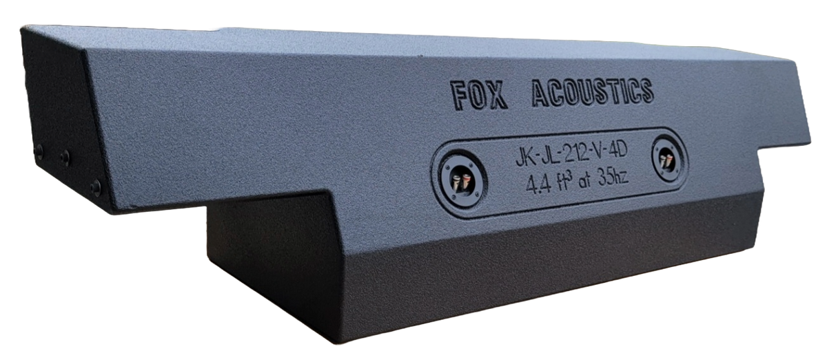 Rear view of the Fox Acoustics JK-JL-212-V-4D enclosure showing its model marking and two terminal cups