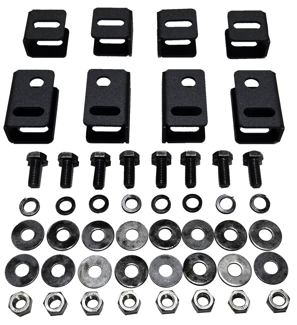 Seat-lift brackets, bolts, nuts and washers arranged by component type