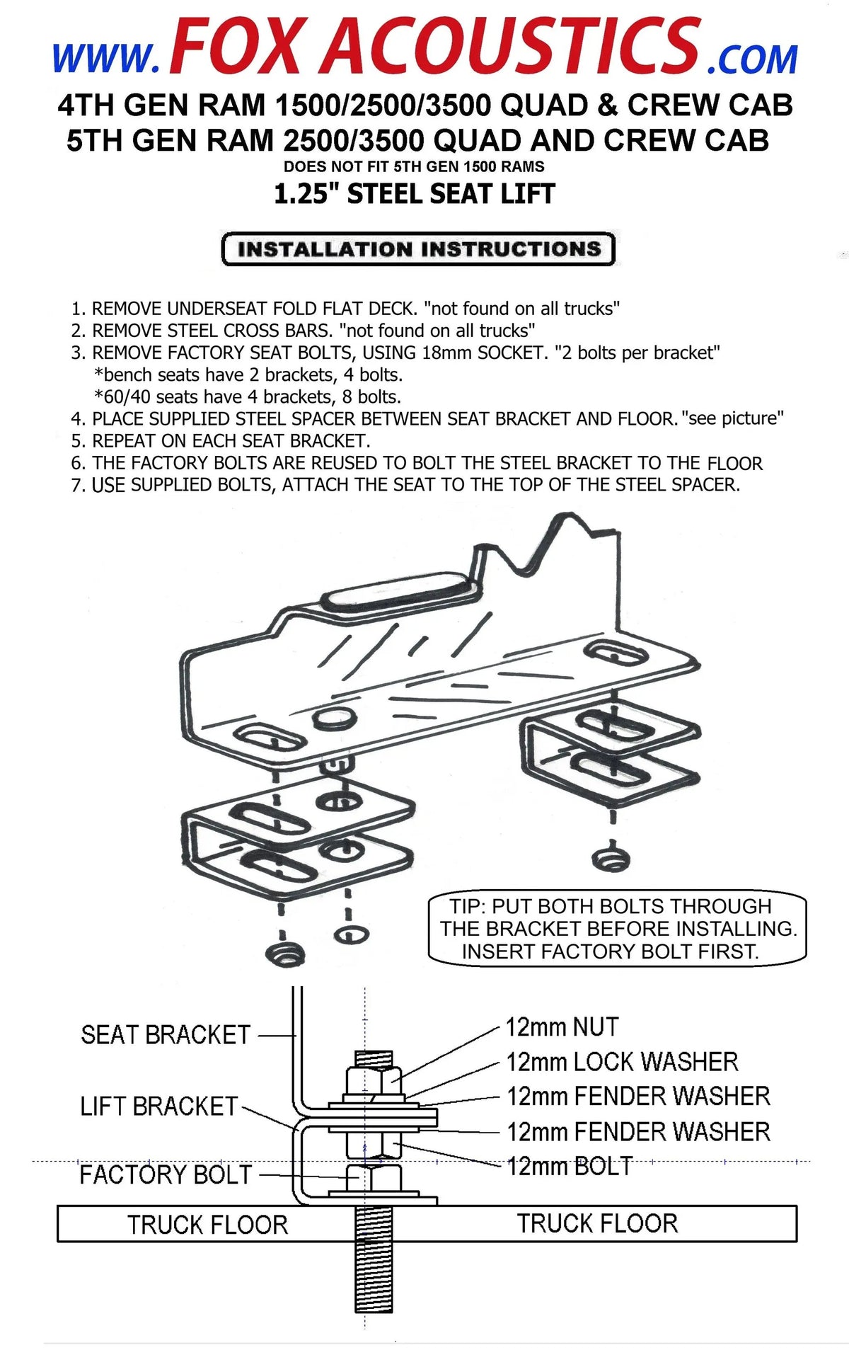 Fox Acoustics seat-lift installation sheet showing bracket and bolt assembly, with a warning excluding fifth-generation Ram 1500 trucks