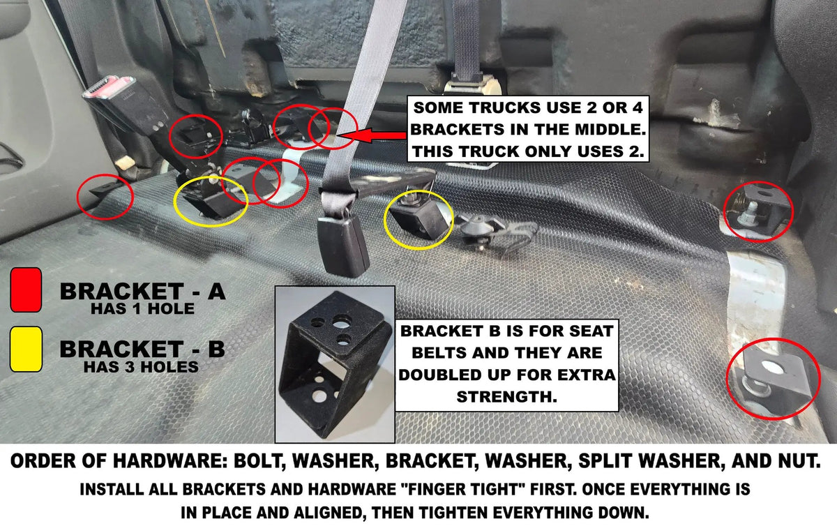 GM seat-lift guide showing bracket positions, doubled seat-belt brackets and finger-tight assembly before final alignment and tightening