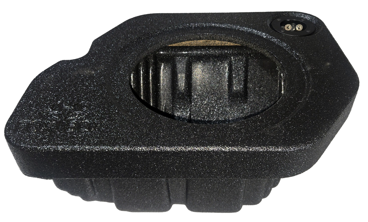Single-subwoofer FOX BOX enclosure showing its round cutout, terminal cup and molded lower section