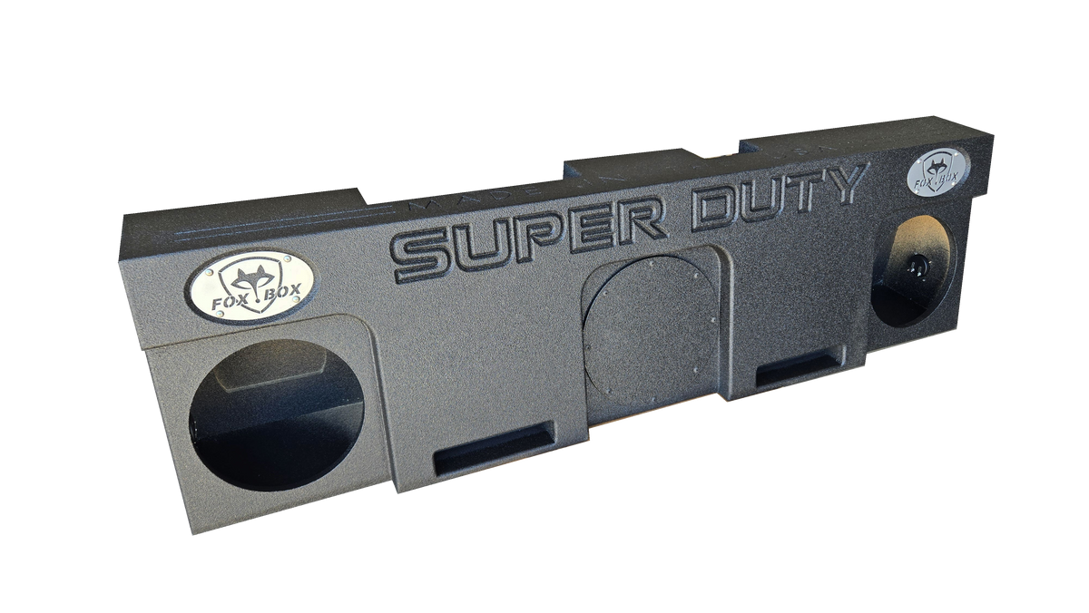 Fox Box enclosure with SUPER DUTY lettering, round speaker openings and two rectangular lower ports