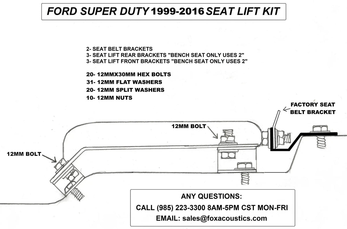 Ford Super Duty 1999–2016 seat-lift diagram showing 12 mm hardware and the factory seat-belt bracket position