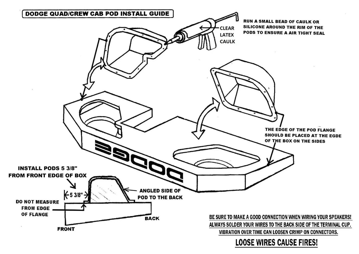 Dodge Quad and Crew Cab enclosure-pod guide showing caulk placement and pod orientation, with a warning about loose speaker wires