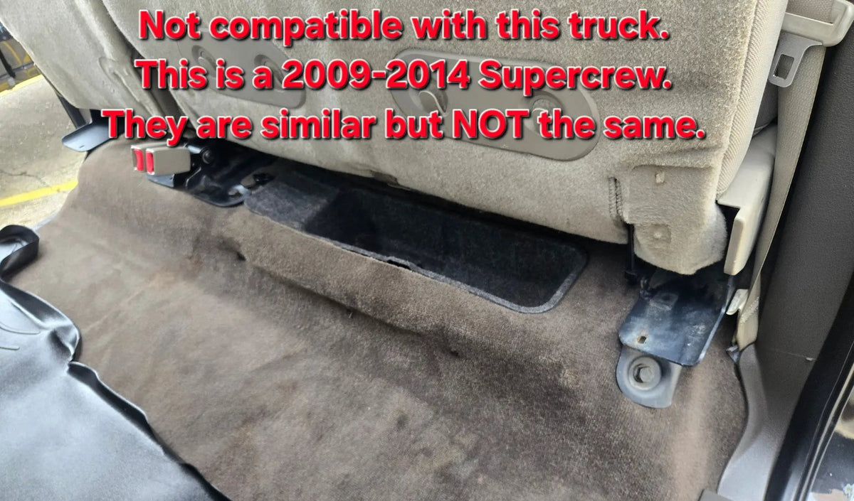 Fitment warning identifying the pictured 2009–2014 SuperCrew rear-seat area as incompatible