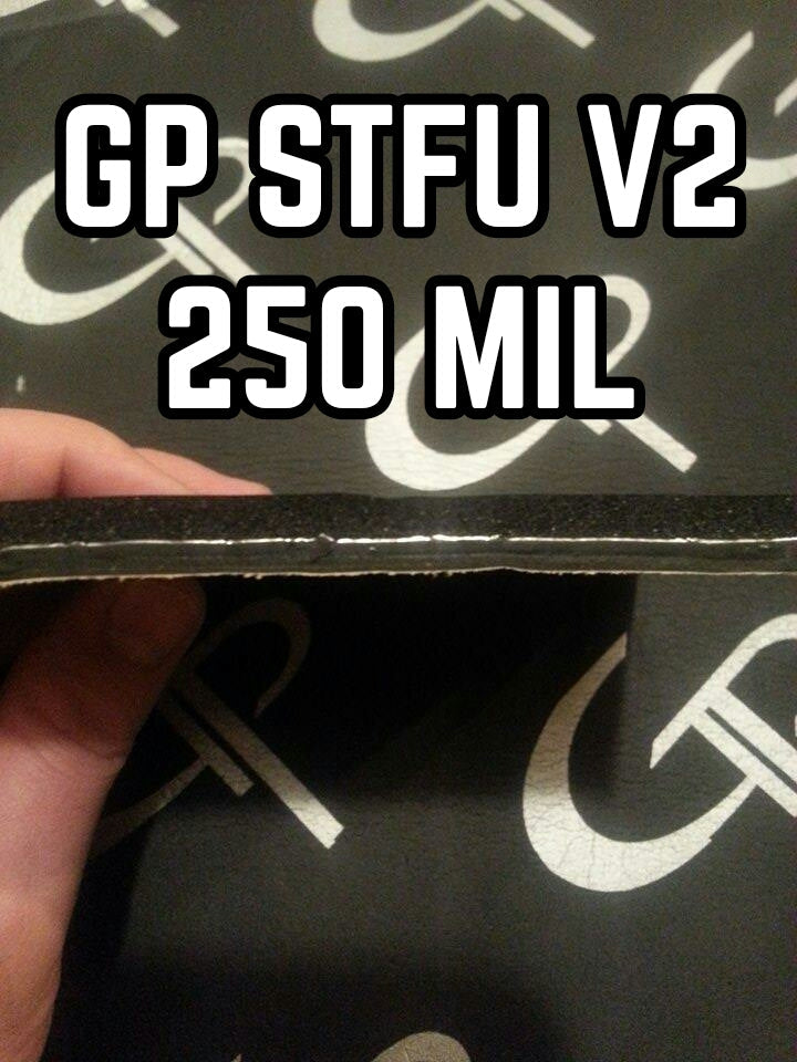 Edge close-up of a GP STFU v2 sound-deadening sheet with a 250 MIL thickness callout