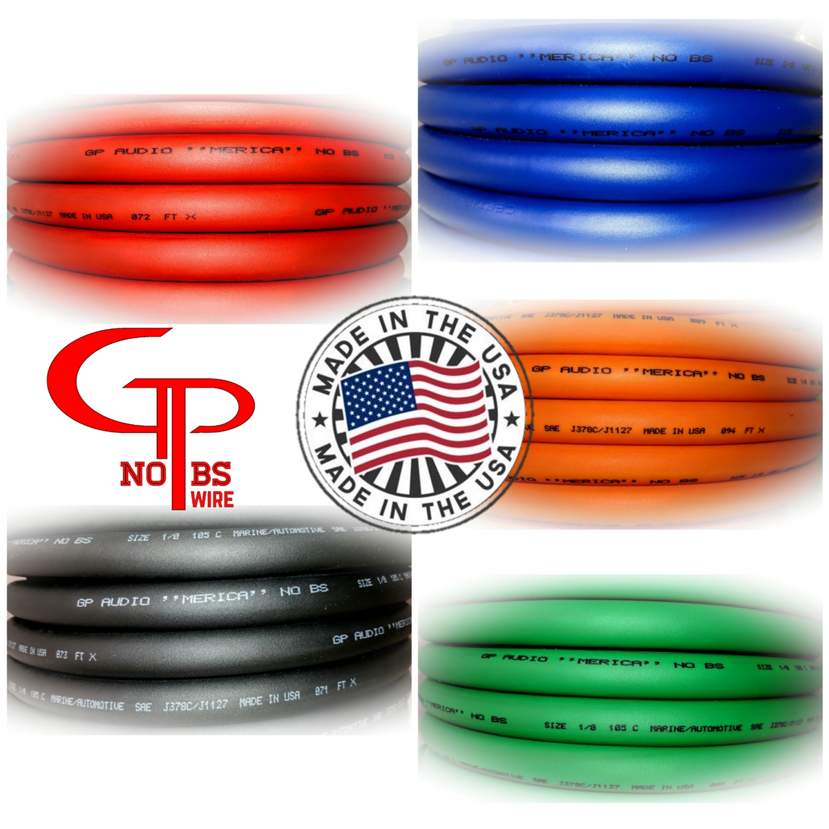 GP No BS wire color collage with red, blue, orange, black and green cable and a Made in the USA emblem