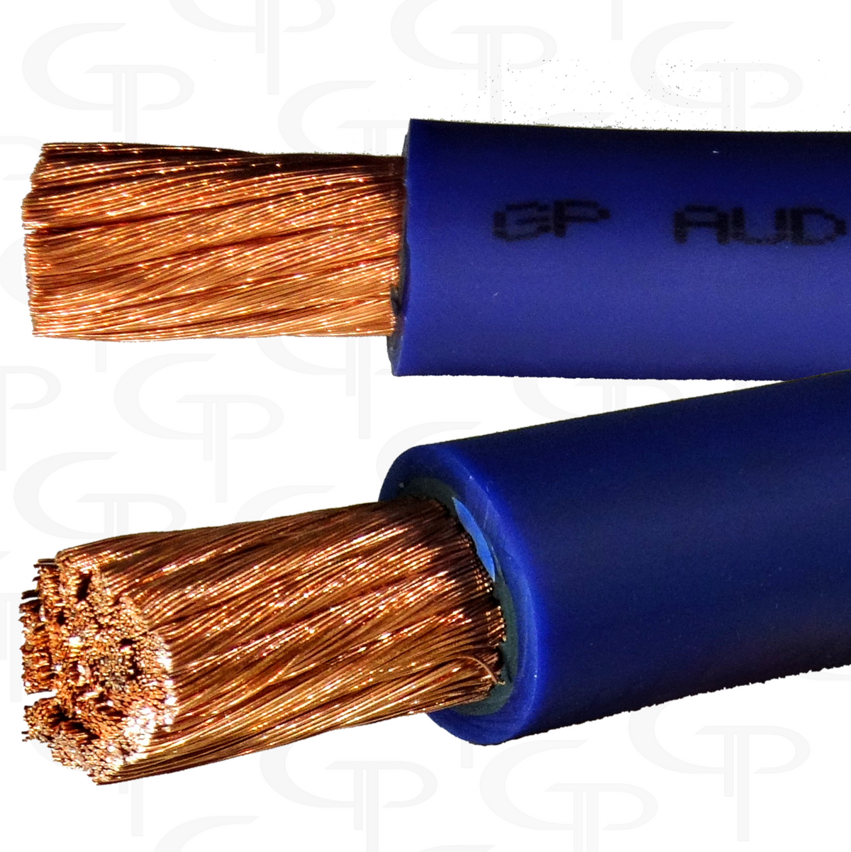 Close-up of two blue GP Audio cable ends with exposed stranded conductors