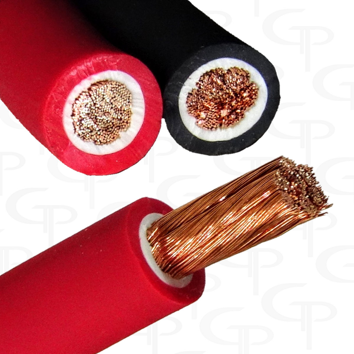 Close-up comparison of red and black power cable cross-sections, including exposed copper strands