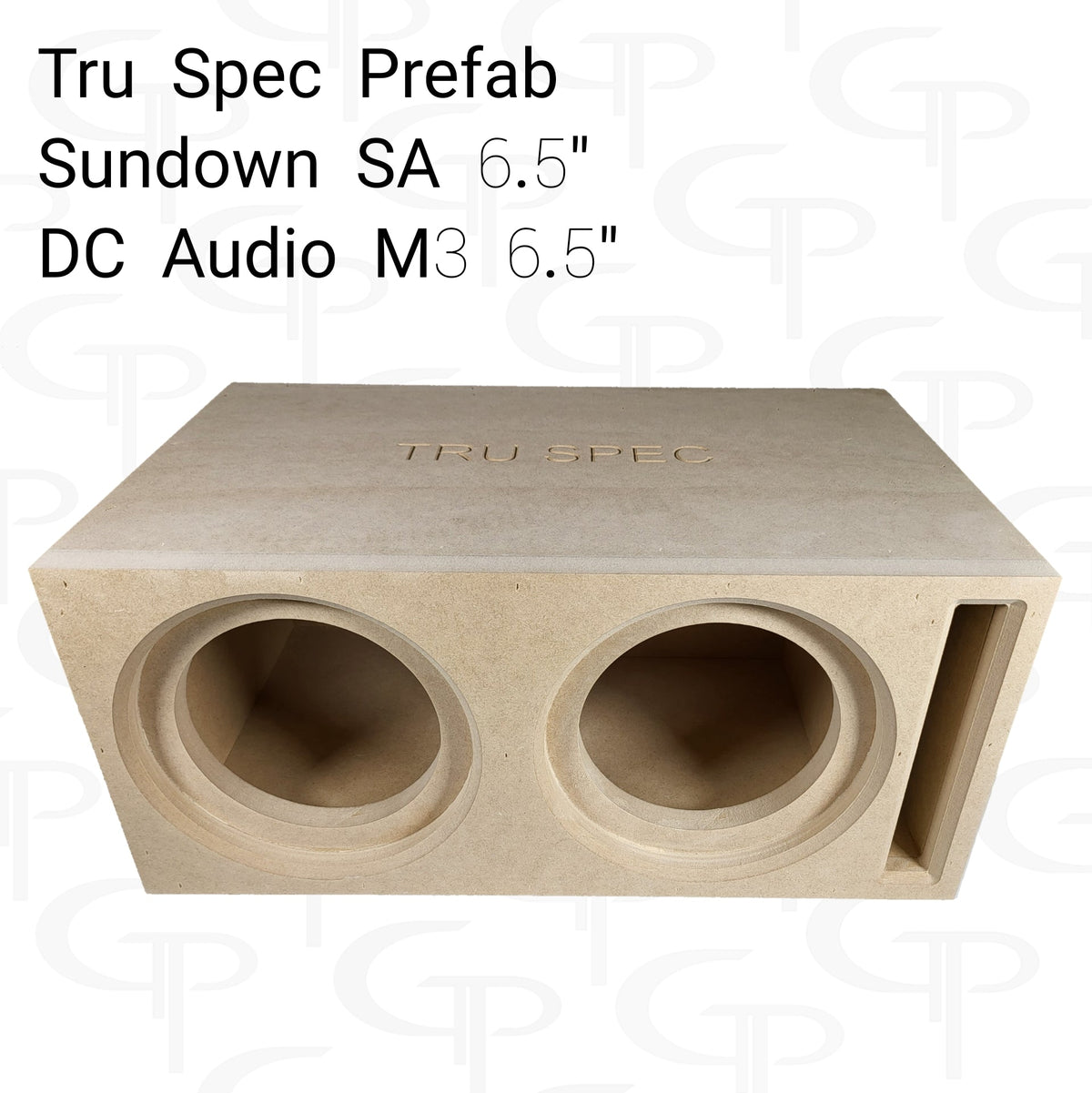 TRU SPEC dual-speaker enclosure viewed from above, showing two recessed openings and a right-hand slot port
